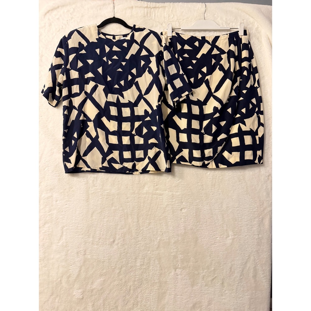 Doncaster Silks Vintage 100% Silk 2 Piece Skirt Set Navy Cream Geometric Size 14